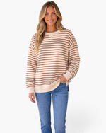 Beach Rose Co. cream and brown striped cotton crewneck sweatshirt with dropped shoulders and exposed seam details.