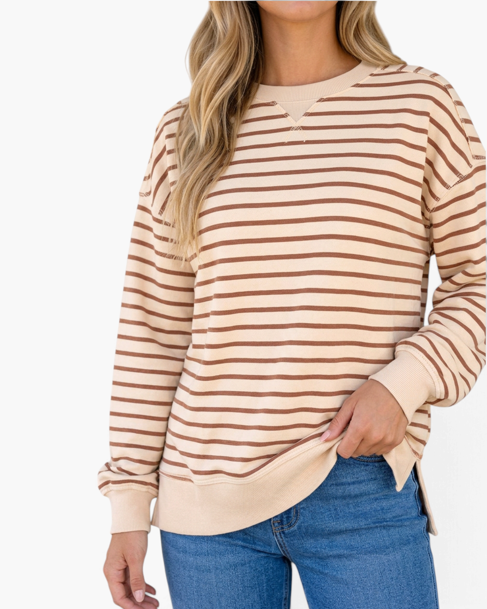 Beach Rose Co. cream and brown horizontal striped crewneck sweatshirt with dropped shoulders and ribbed hem
