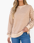 Beach Rose Co. cream and brown horizontal striped crewneck sweatshirt with dropped shoulders and ribbed hem