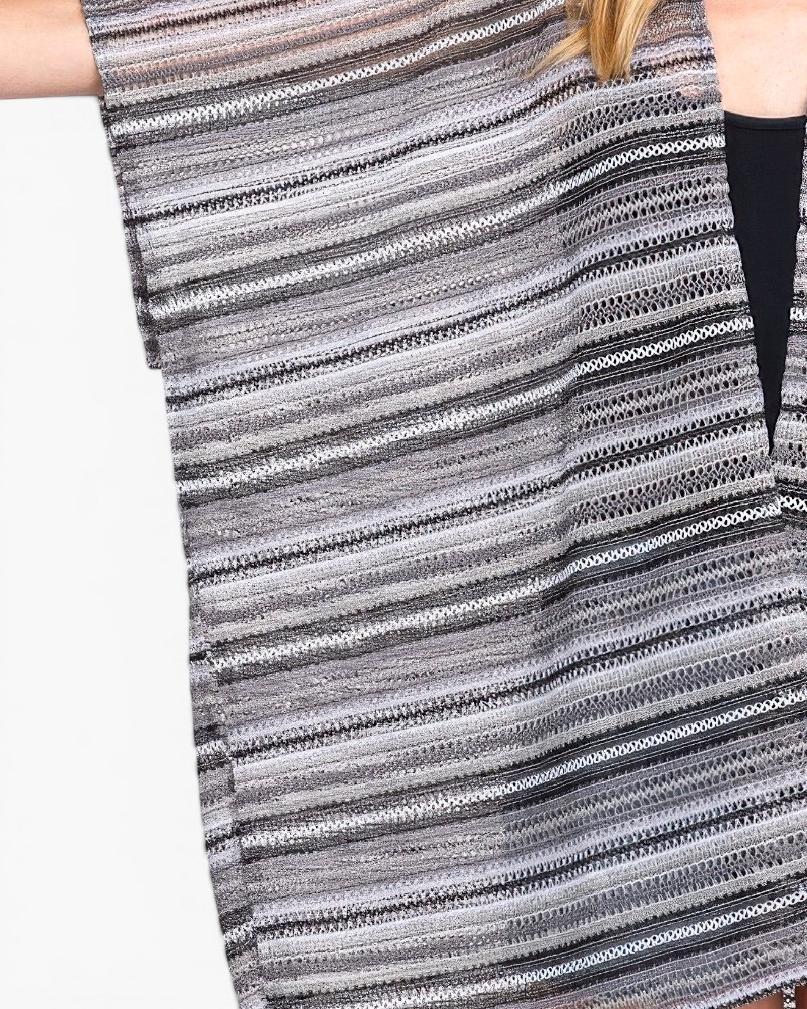 Beach Rose Co. open front crochet cover-up featuring a grey and white striped pattern in a lightweight knit fabric.