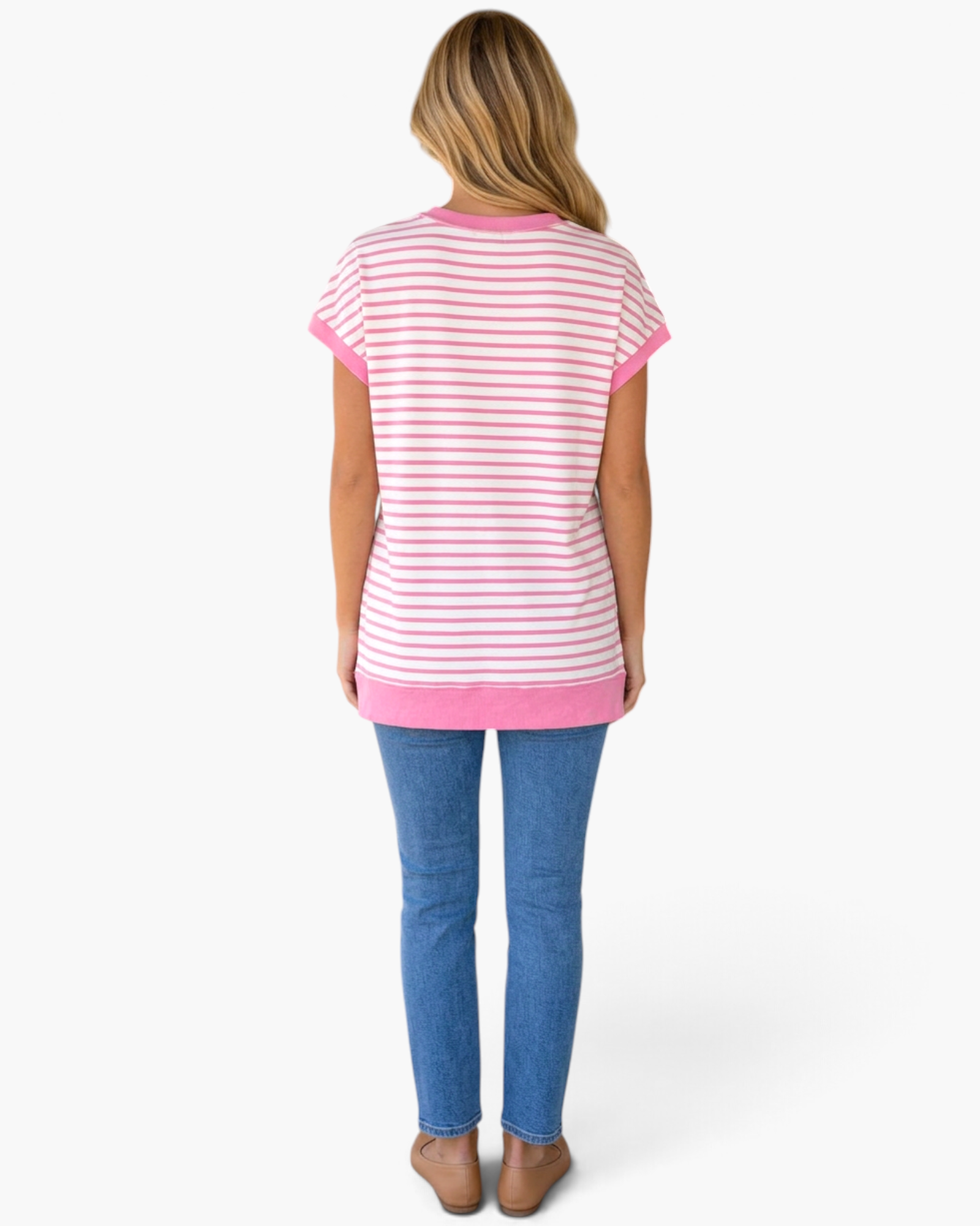 Beach Rose Co. pink and ivory striped cotton Henley top with short sleeves and contrast trim, back view