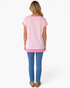 Beach Rose Co. pink and ivory striped cotton Henley top with short sleeves and contrast trim, back view
