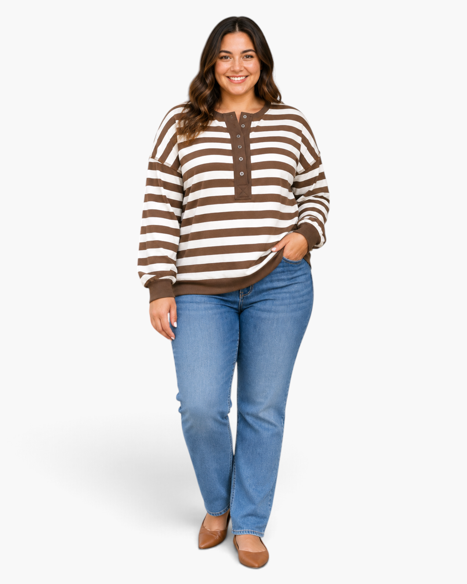 Beach Rose Co. plus size brown and white striped cotton blend Henley sweatshirt with snap front and relaxed fit.