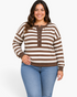 Beach Rose Co. plus size brown and white striped cotton blend Henley sweatshirt with snap front and dropped shoulders