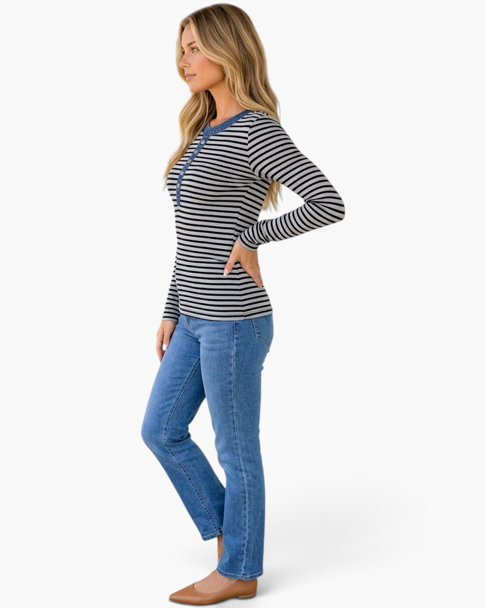 Beach Rose Co. gray and black striped long-sleeve Henley top with denim-look trim worn by a model in profile view.
