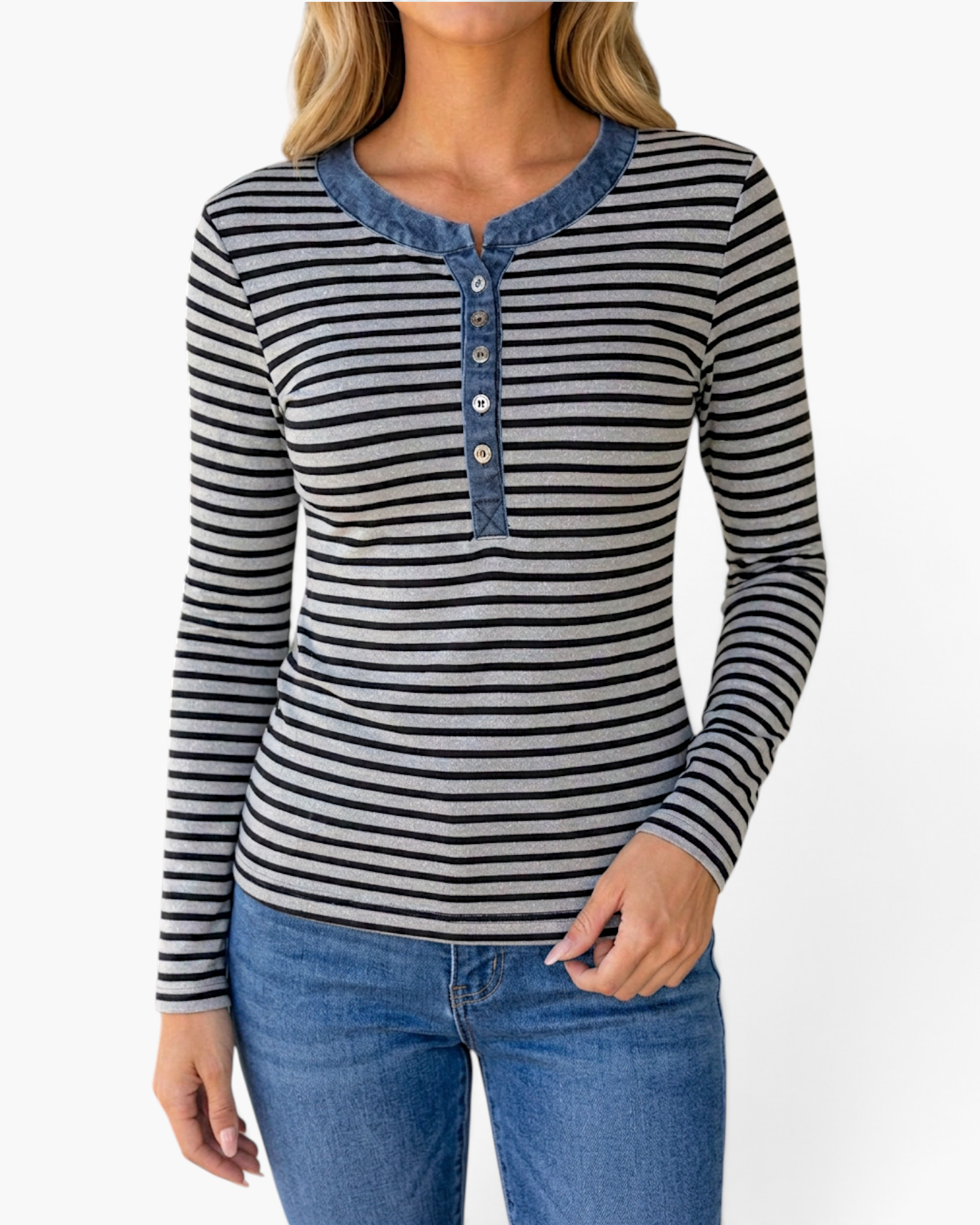 Beach Rose Co. gray and black striped long-sleeve Henley top with denim-look trim and button-front placket.