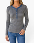 Beach Rose Co. gray and black striped long-sleeve Henley top with denim-look trim and button-front placket.