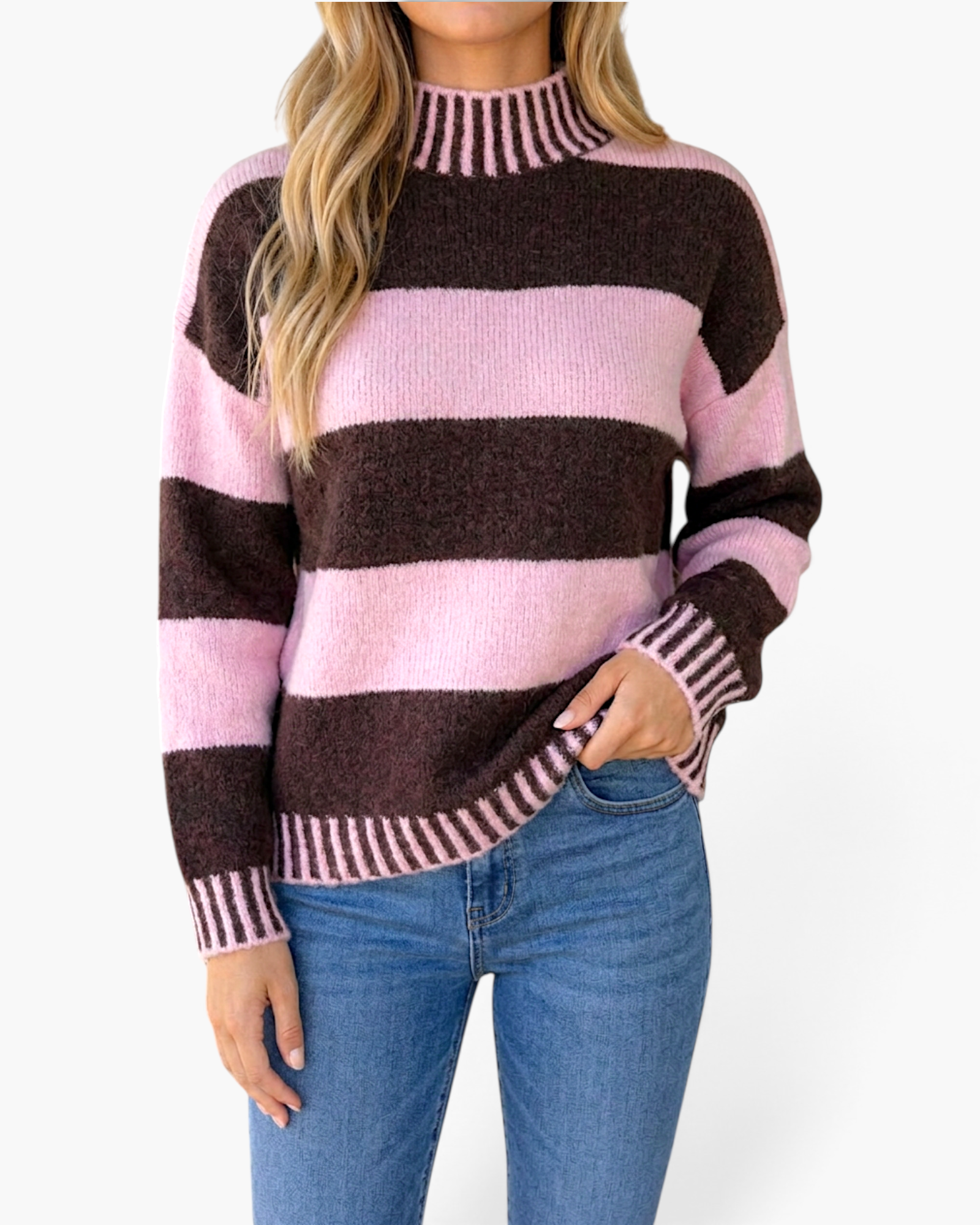 Beach Rose Co. Emmie relaxed pullover sweater featuring a brown and pink striped knit pattern and a high neck design.