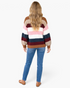 Beach Rose Co. textured knit sweater featuring wide pink, burgundy, navy, and brown stripes, worn with blue jeans.