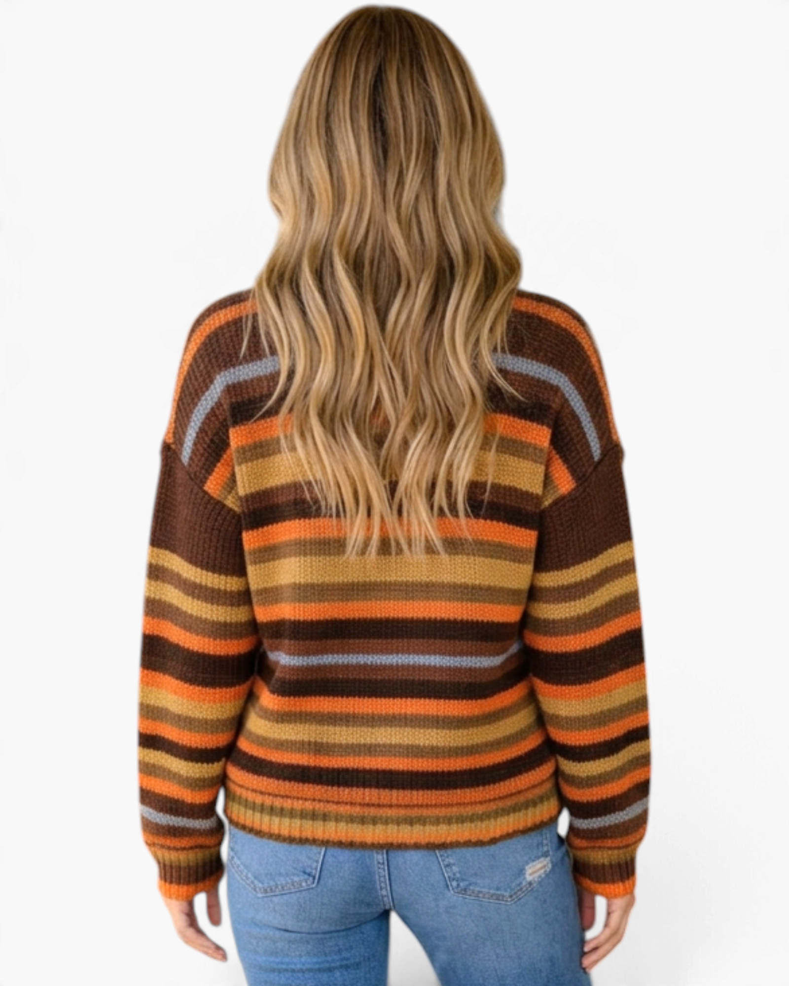 Beach Rose Co. textured knit crewneck sweater with brown, orange, and blue horizontal stripes, back view on a model.