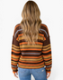 Beach Rose Co. textured knit crewneck sweater with brown, orange, and blue horizontal stripes, back view on a model.