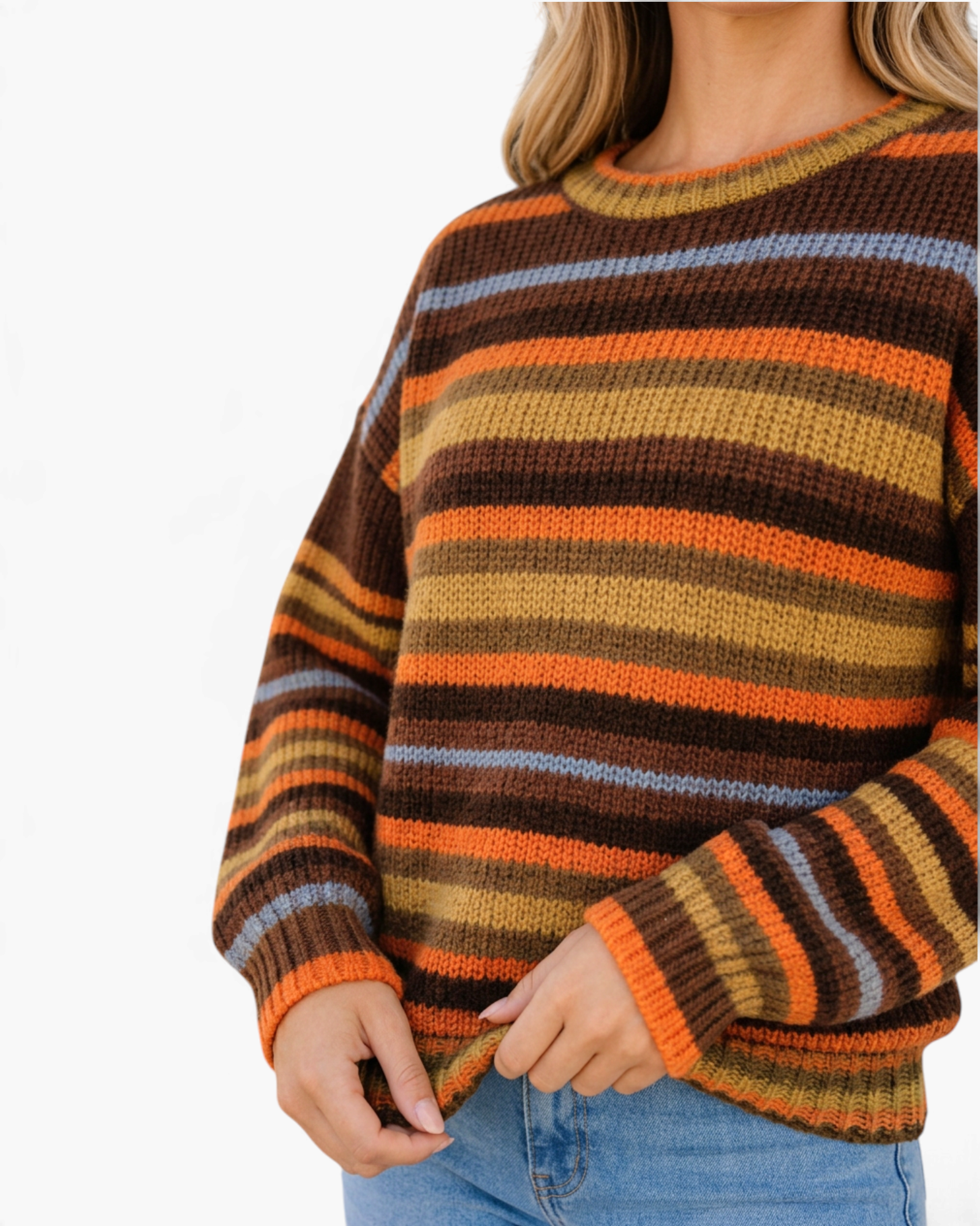 Beach Rose Co. multicolor striped crewneck sweater in textured acrylic knit with dropped shoulders and ribbed trim.