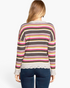 Back view of a Beach Rose Co. multi-colored variegated striped knit sweater with ruffled hem and long sleeves.