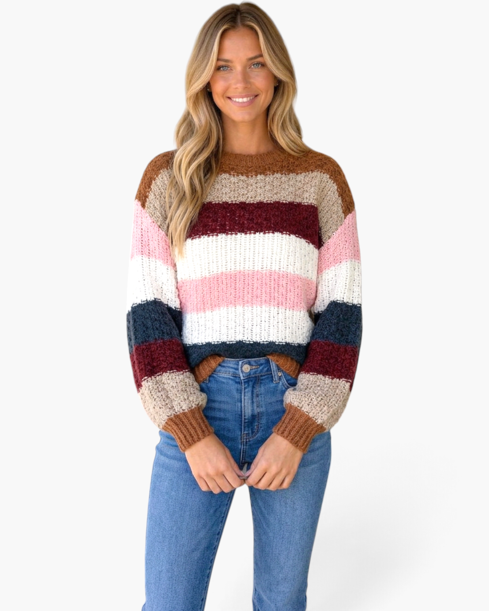 Beach Rose Co. model wearing a textured knit crew neck sweater with wide pink, burgundy, navy, and brown stripes.