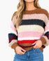Beach Rose Co. textured knit sweater featuring wide horizontal stripes in pink, burgundy, navy, cream, and brown.