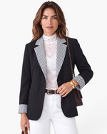 Beach Rose Co. black blazer featuring contrasting black and white striped notched lapels and turn-back cuffs