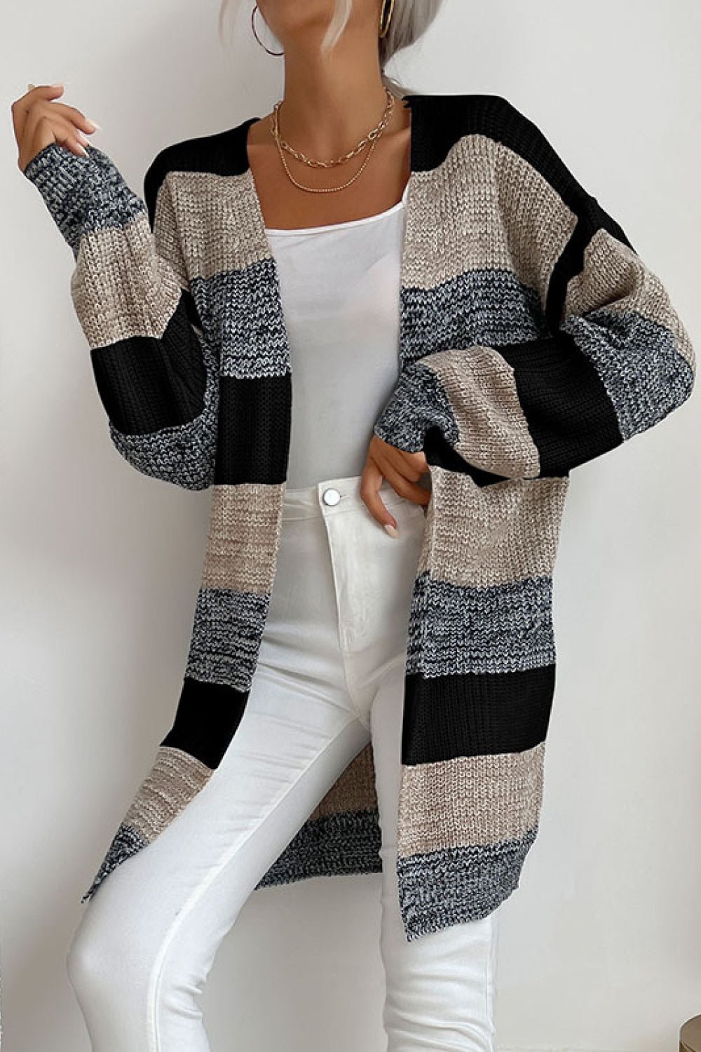 Beach Rose Co. - Striped Long Sleeve Longline Cardigan