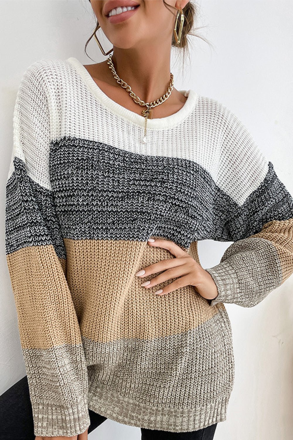 Beach Rose Co. - Striped Long Sleeve Sweater in Gray Khaki