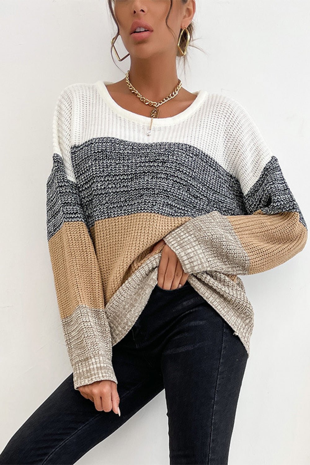 Beach Rose Co. - Striped Long Sleeve Sweater in Gray Khaki