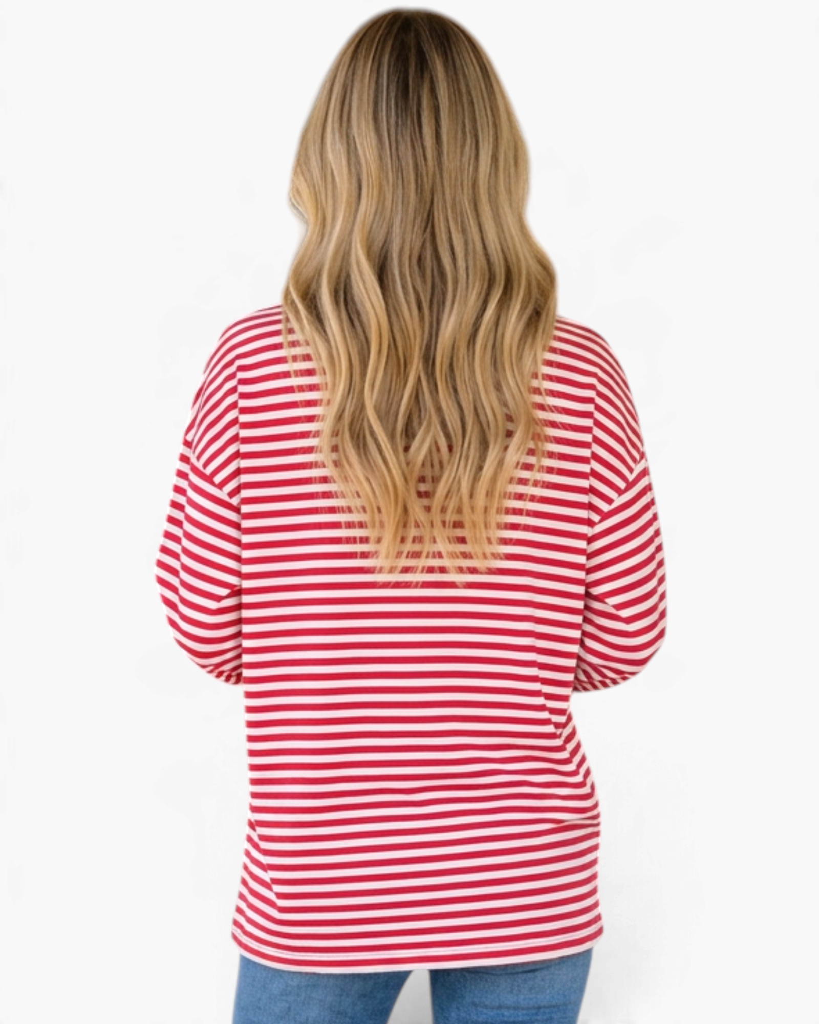 Beach Rose Co. red and white horizontal striped long sleeve top with a relaxed fit worn by a blonde woman