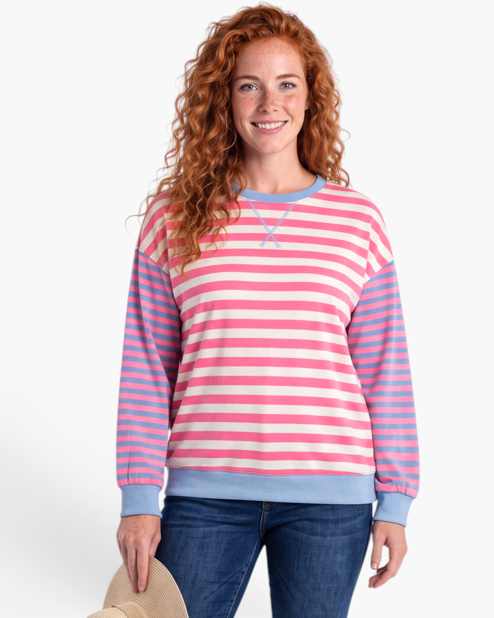 Beach Rose Co. plus size sweatshirt with pink and cream stripes, blue sleeves, and ribbed trim on a smiling model.