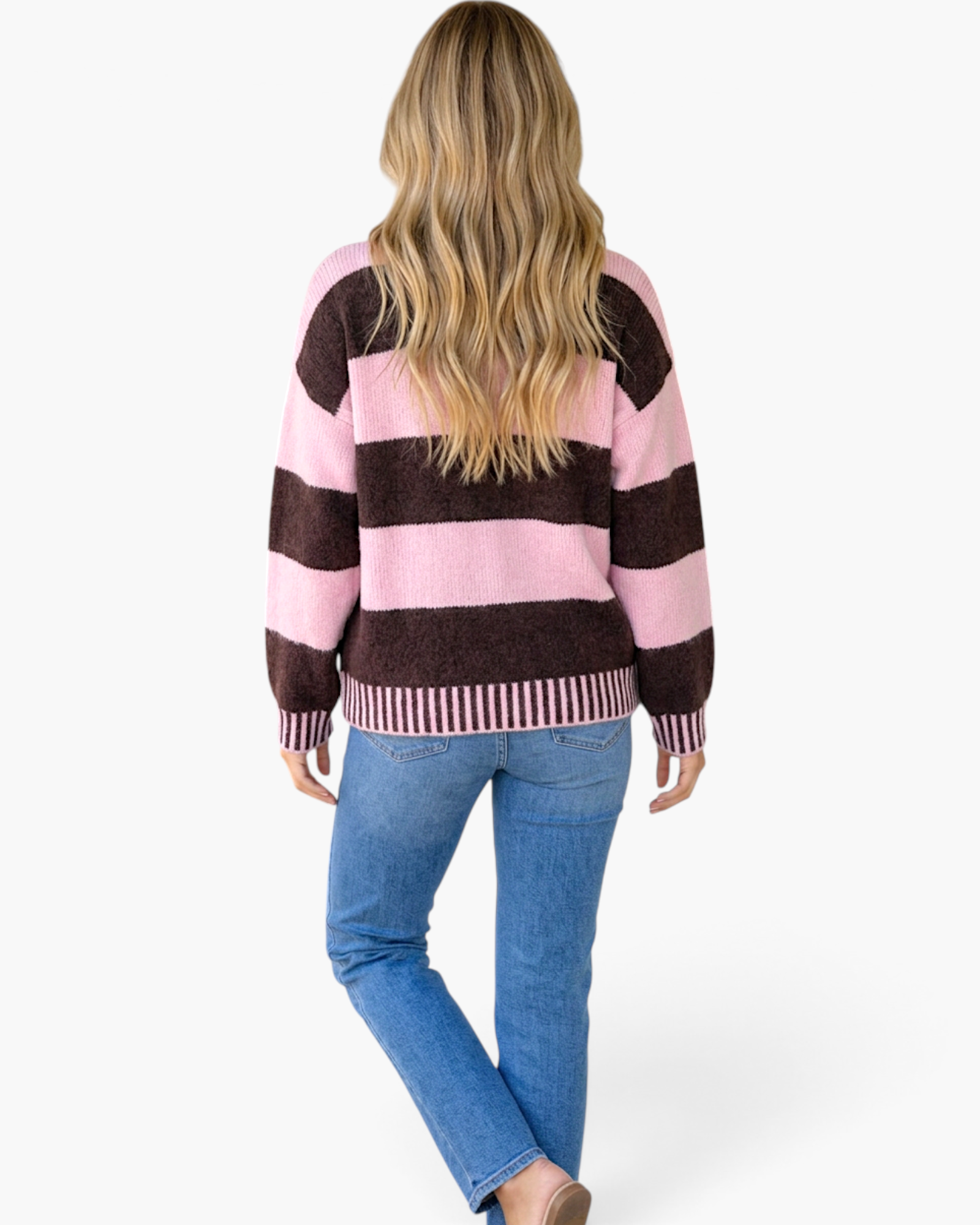 Beach Rose Co. Emmie relaxed pullover sweater with pink and brown horizontal stripes, long sleeves, and ribbed cuffs.