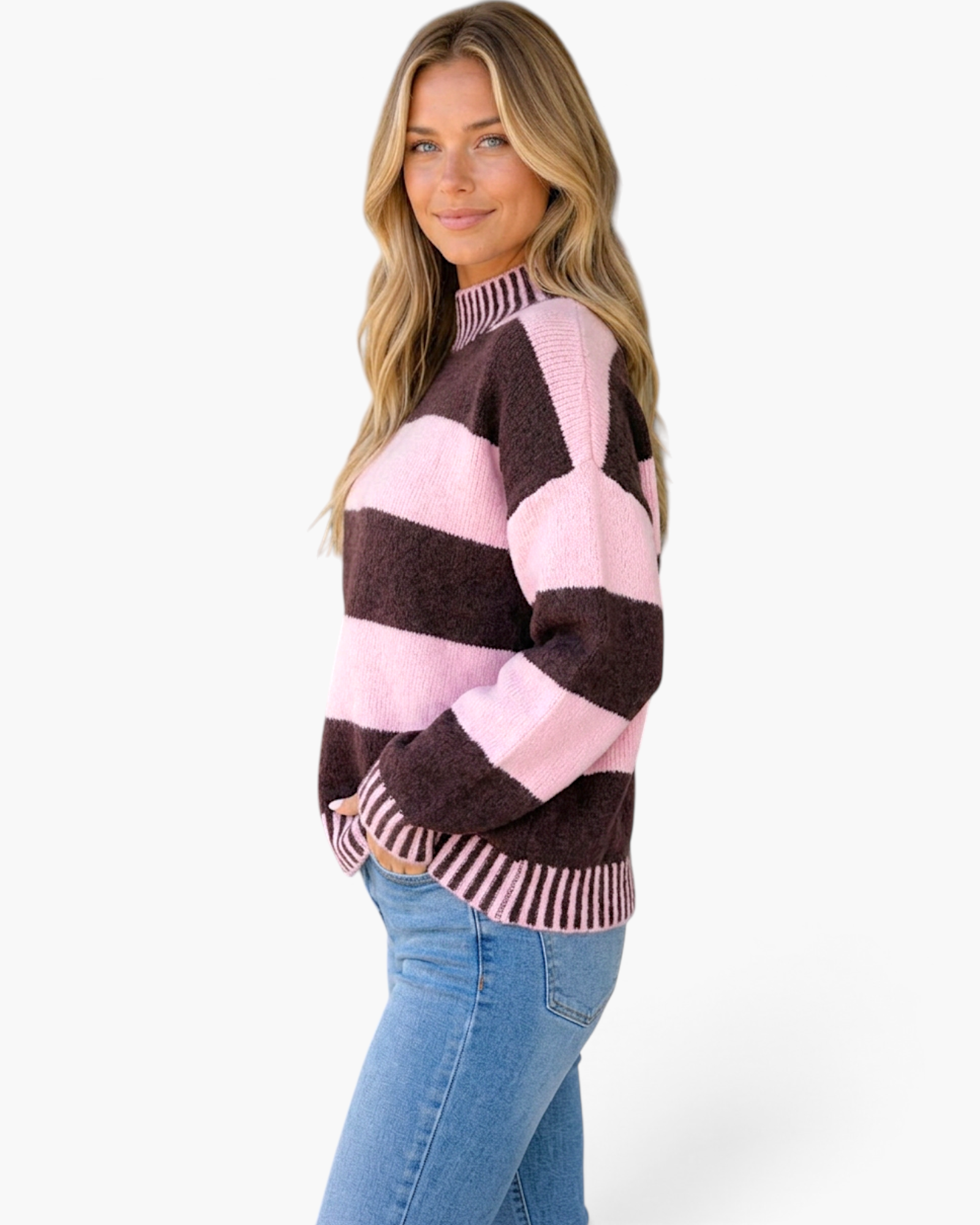 Beach Rose Co. relaxed fit pullover sweater with brown and pink stripes, high neck, and ribbed cuffs on a model.