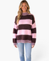 Beach Rose Co. Emmie relaxed pullover sweater in pink and brown striped knit with a high neck and ribbed cuffs.