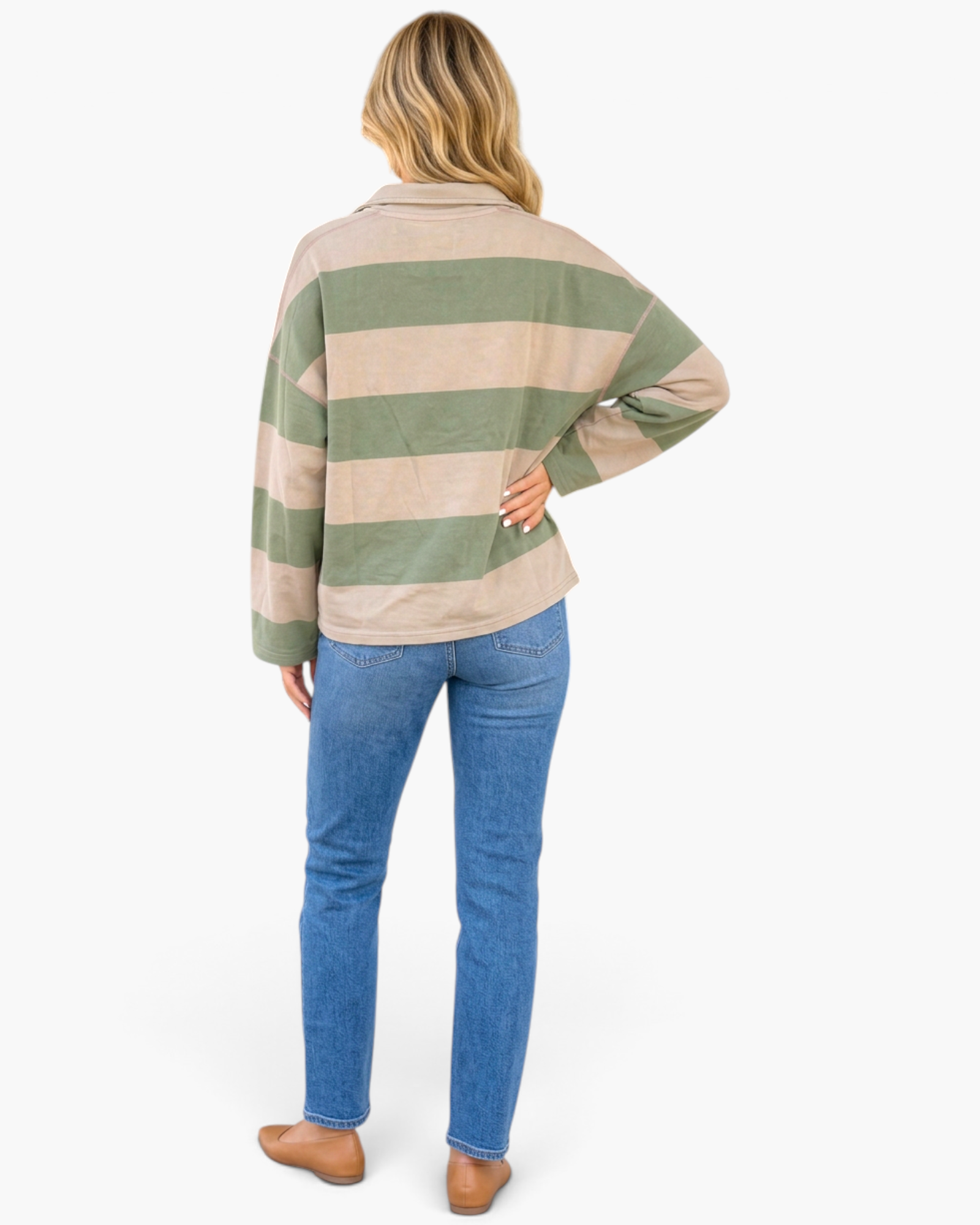 Beach Rose Co. sage green and taupe striped quarter-zip pullover with dropped shoulders, worn with blue jeans.