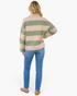 Beach Rose Co. sage green and taupe striped quarter-zip pullover with dropped shoulders, worn with blue jeans.