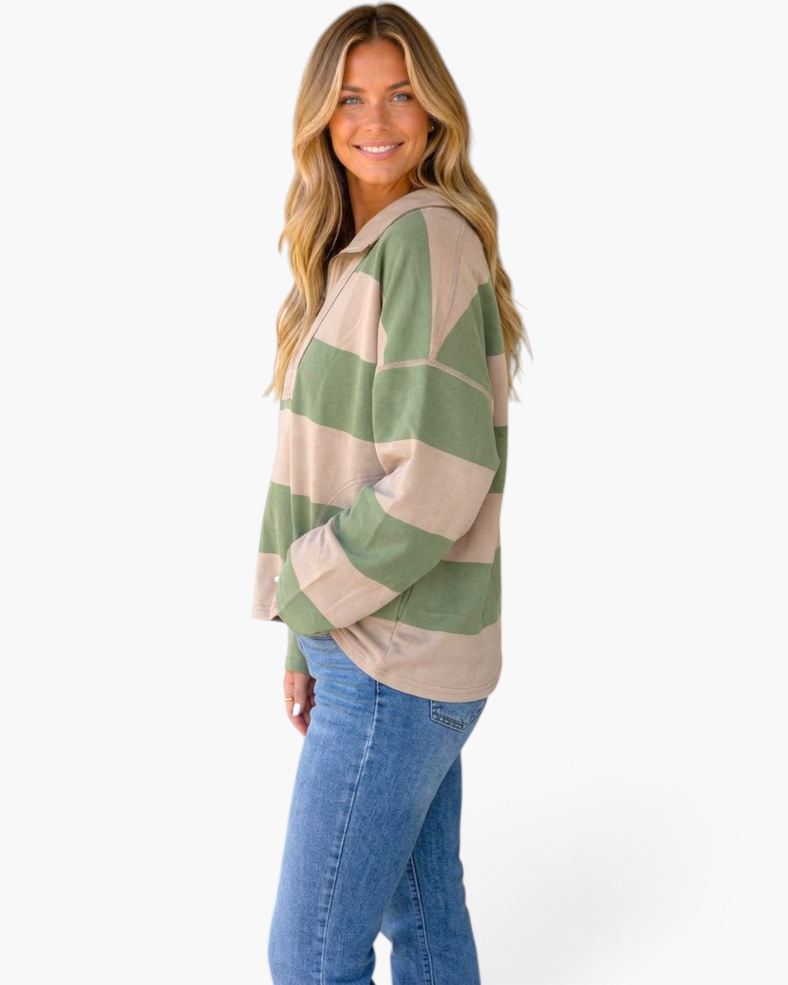 Beach Rose Co. sage green and taupe striped quarter-zip pullover with dropped shoulders worn by a smiling model