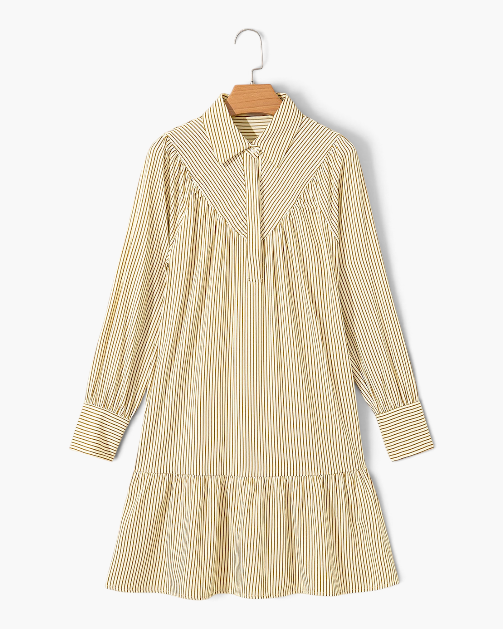 Beach Rose Co. taupe and ivory striped mini shirt dress with a pointed collar, long sleeves, and a flounced ruffle hem.