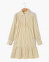 Beach Rose Co. taupe and ivory striped mini shirt dress with a pointed collar, long sleeves, and a flounced ruffle hem.