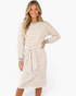 Beach Rose Co. Julianna long sleeve shift dress in beige and white stripes with teal trim and a self-tie waist belt.