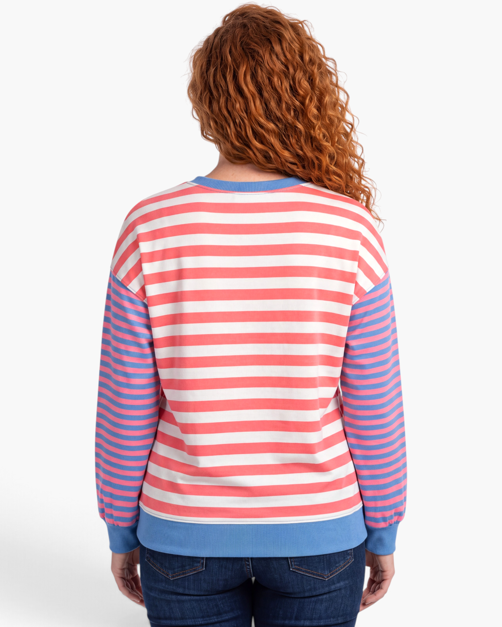 Beach Rose Co. plus size sweatshirt with pink and cream striped body, blue striped sleeves, and blue ribbed trim.