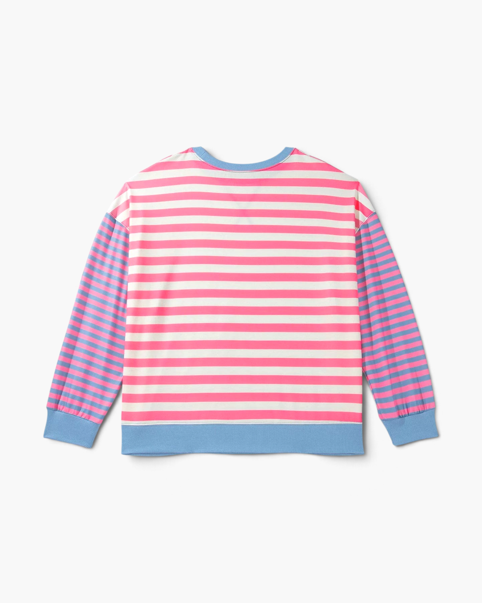 Beach Rose Co. plus size pink and cream striped sweatshirt with blue striped sleeves and ribbed trim, back view.