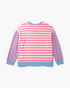 Beach Rose Co. plus size pink and cream striped sweatshirt with blue striped sleeves and ribbed trim, back view.