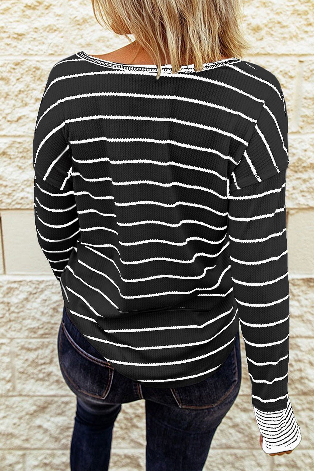 Beach Rose Co. - Striped Waffle Knit Long Sleeve Henley