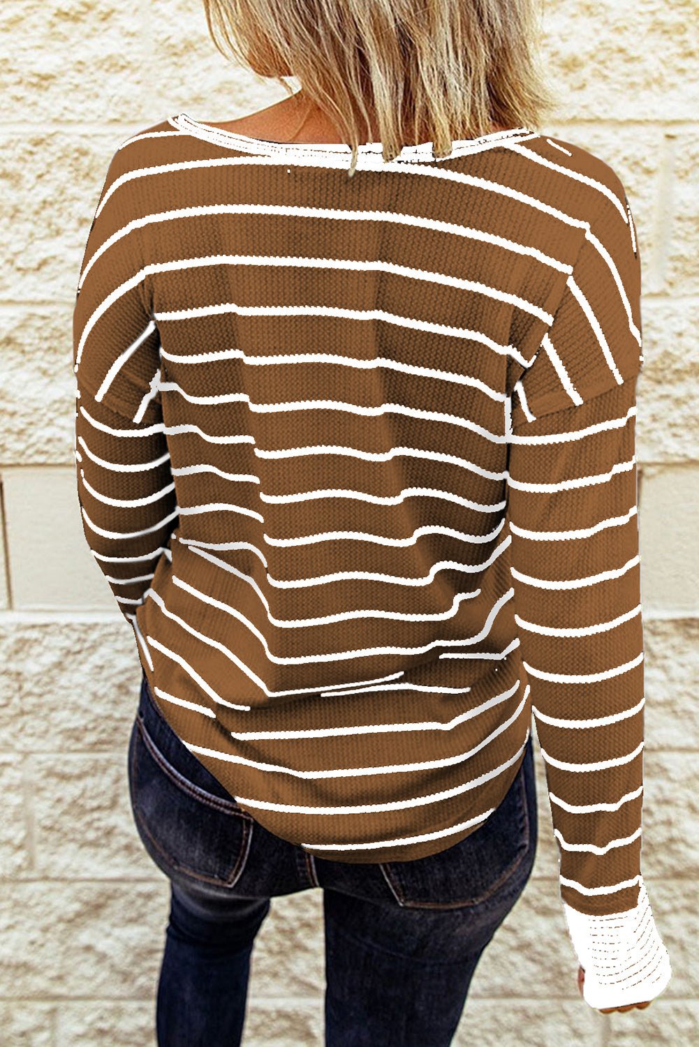 Beach Rose Co. - Striped Waffle Knit Long Sleeve Henley