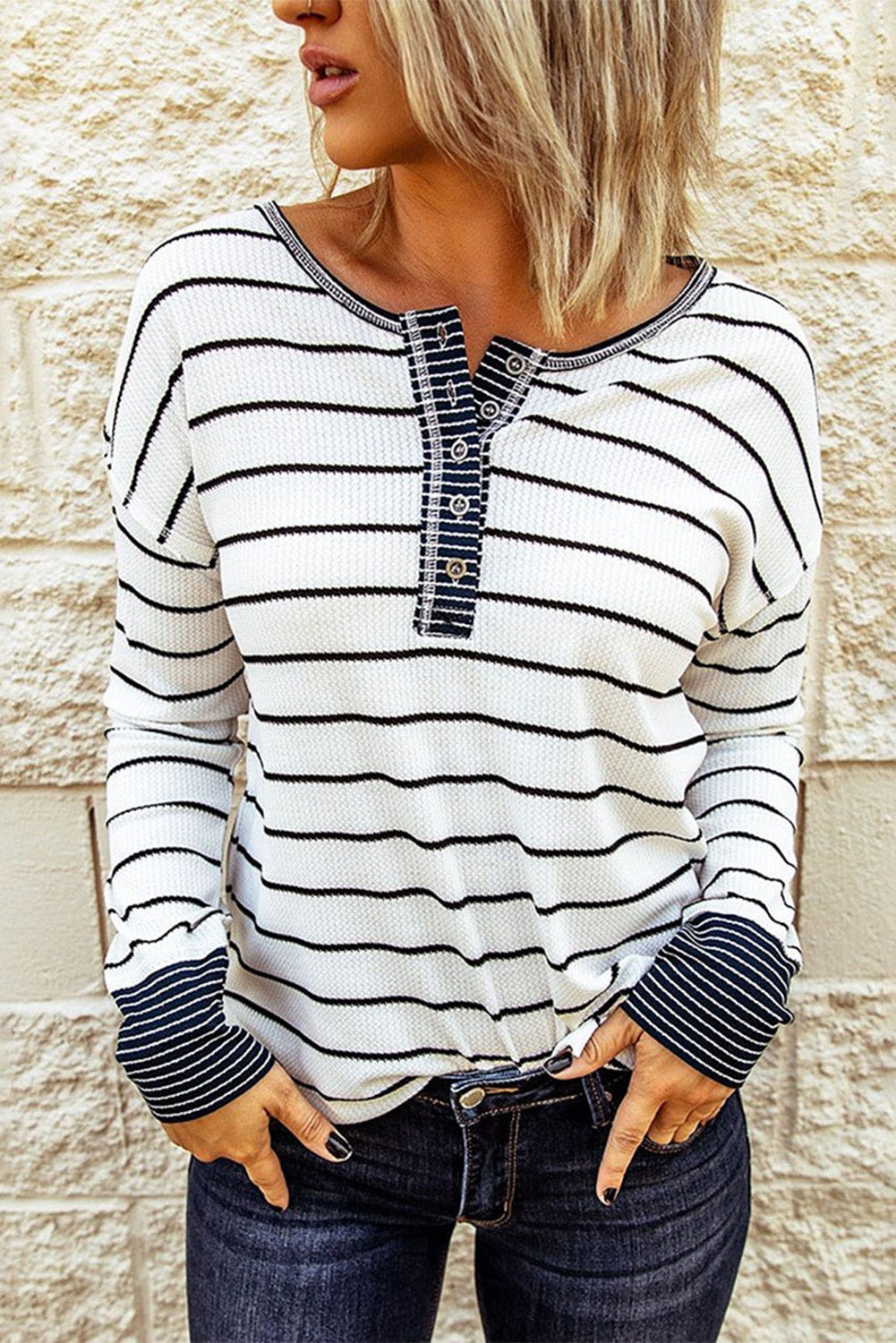 Beach Rose Co. - Striped Waffle Knit Long Sleeve Henley