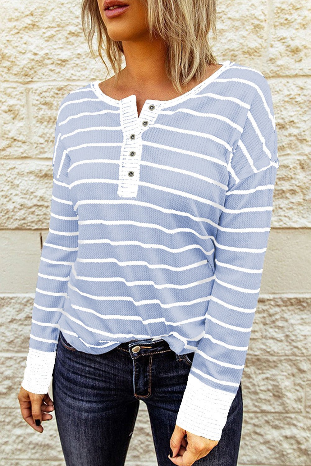 Beach Rose Co. - Striped Waffle Knit Long Sleeve Henley