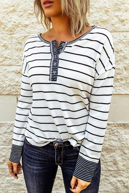 Beach Rose Co. - Striped Waffle Knit Long Sleeve Henley