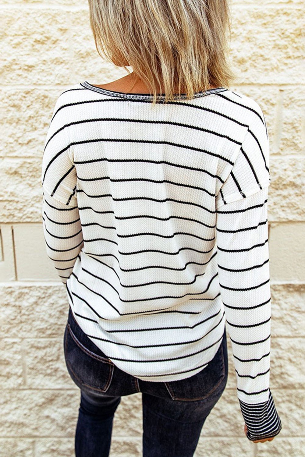 Beach Rose Co. - Striped Waffle Knit Long Sleeve Henley