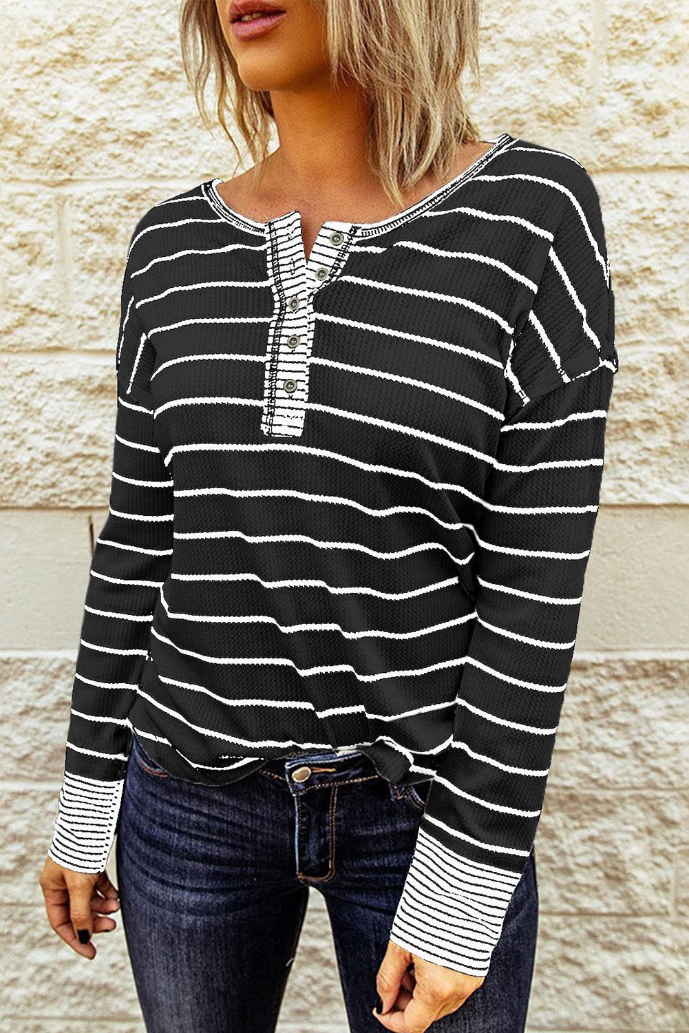 Beach Rose Co. - Striped Waffle Knit Long Sleeve Henley