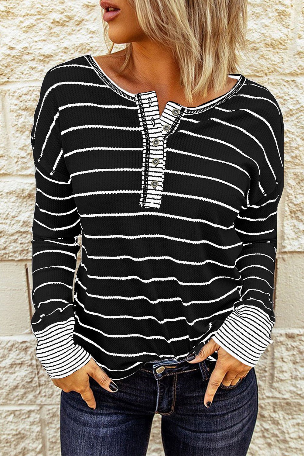 Beach Rose Co. - Striped Waffle Knit Long Sleeve Henley