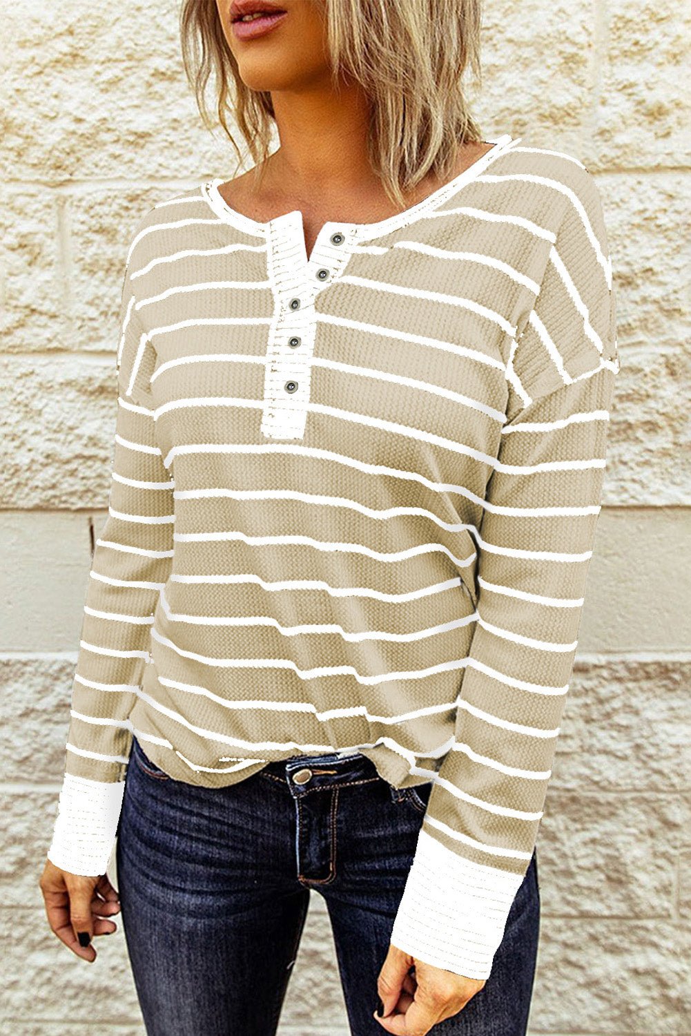 Beach Rose Co. - Striped Waffle Knit Long Sleeve Henley