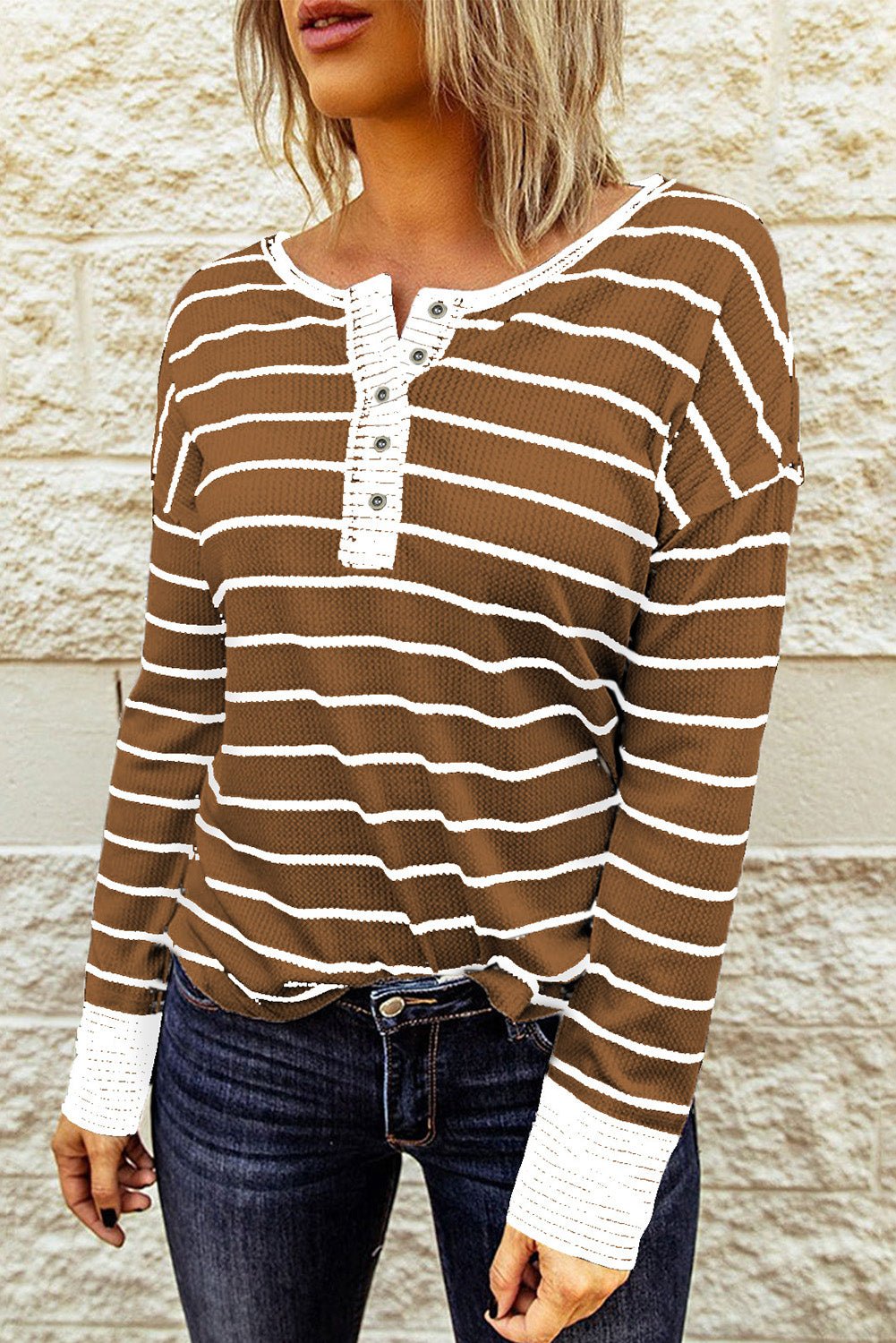 Beach Rose Co. - Striped Waffle Knit Long Sleeve Henley