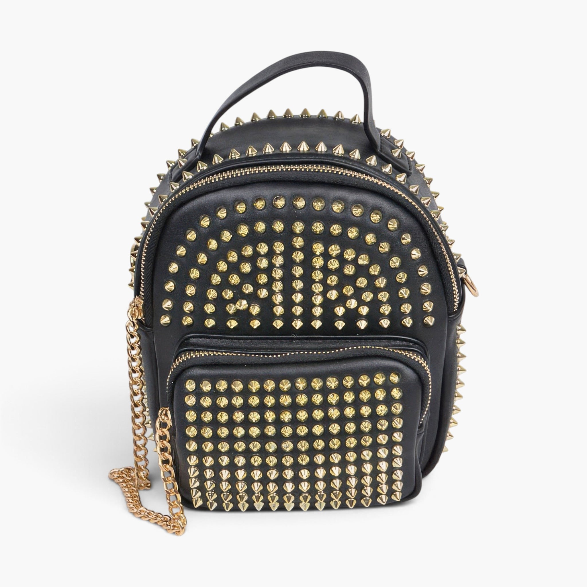 Beach Rose Co. black faux leather mini backpack featuring gold studded detailing, zippered pockets, and a chain strap.
