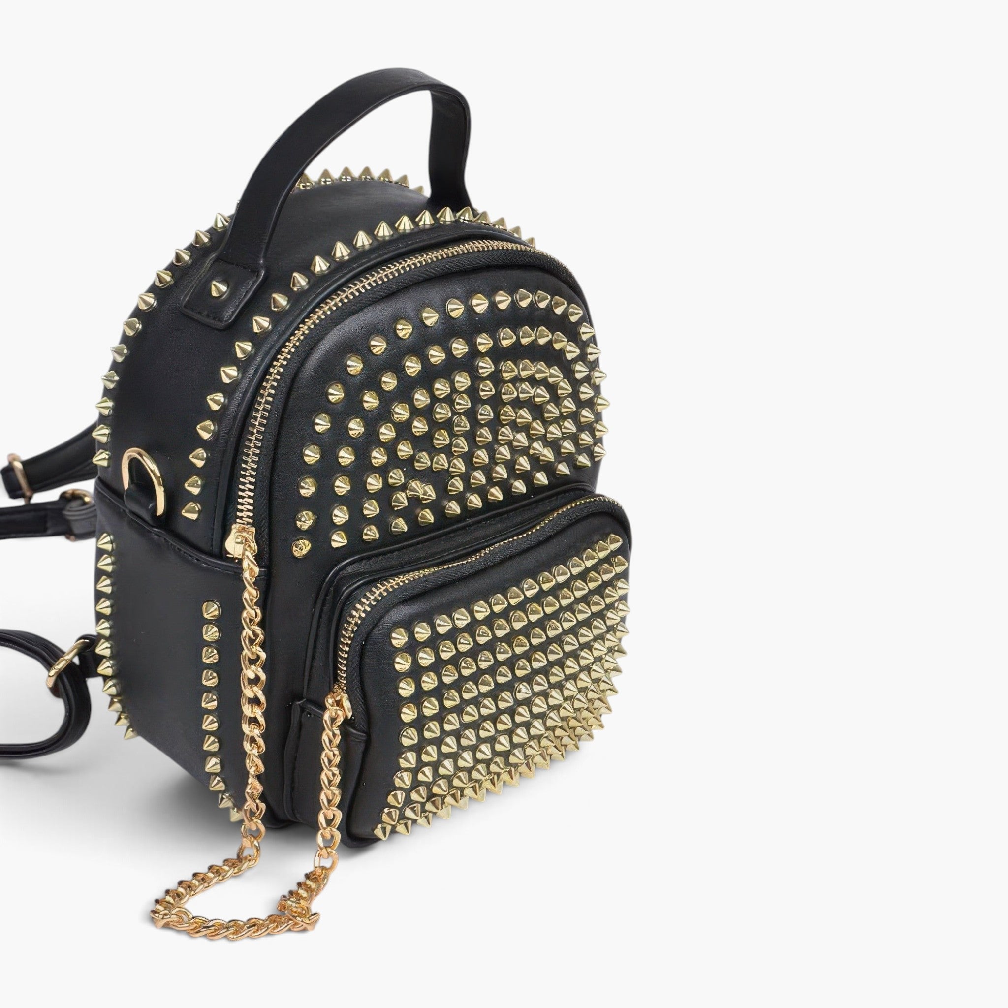 Beach Rose Co. black faux leather mini backpack featuring gold studded detailing and a detachable chain strap.
