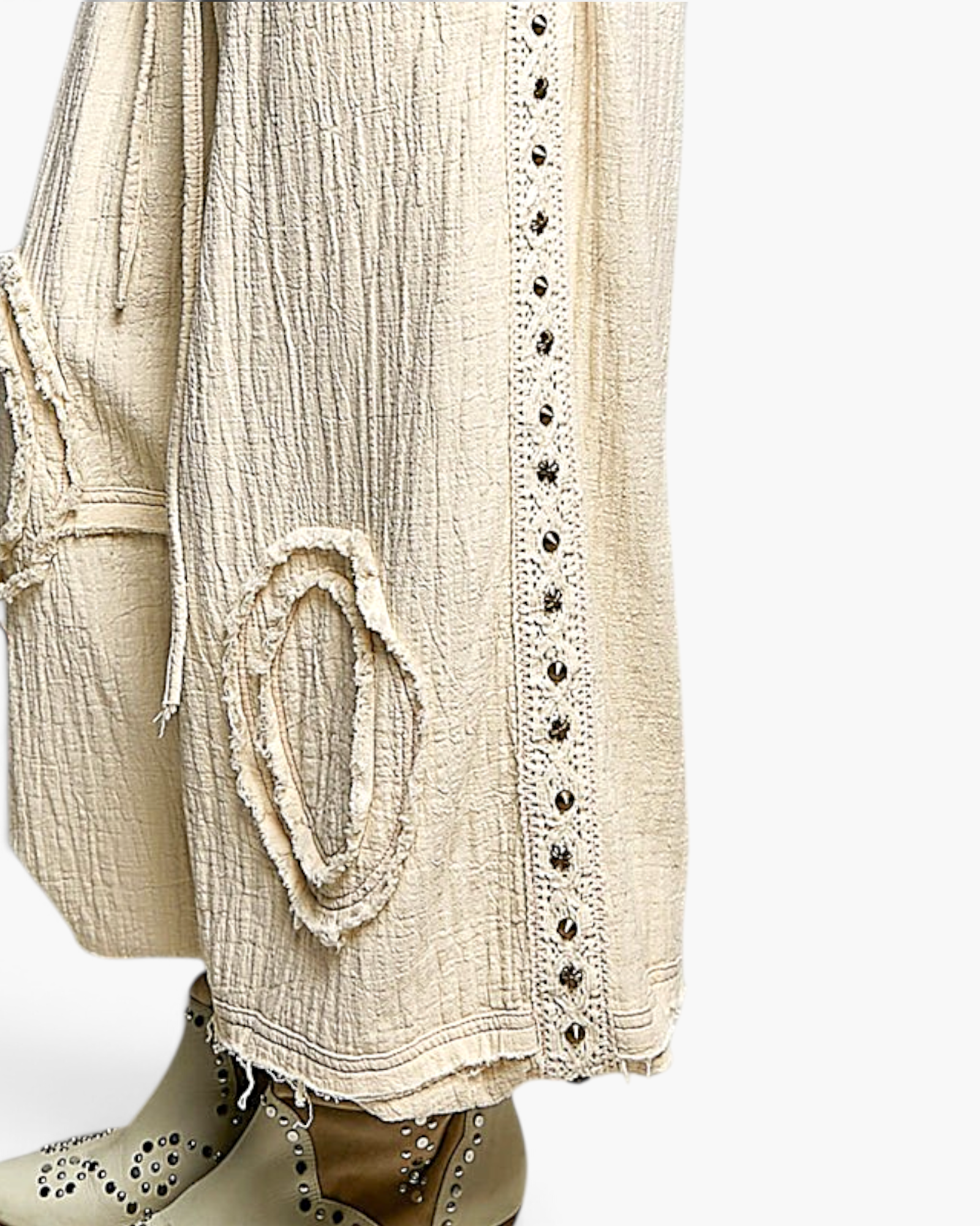 Beach Rose Co. natural cotton double-gauze jogger pants with studded side seams and raw-edge patch details.